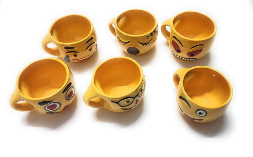 Merakrt™ Yellow Emoji Smiley Coffee Tea Cup Set, 120ml, Set of 6 Coffees/Tea Cups Great Gifting idea for him and her Tea Cup with Handle (Medium Size) Ceramic Coffee Mug (200 ml, Pack of 6)