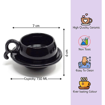 Merakrt Midnight Black Ceramic Cup and Saucer Set of 6, Tea Cup Set of 6 Cups and 6 Saucers for Tea, Coffee, Hot Drinks(12 Pieces, 150ml, Black, Microwave Safe)