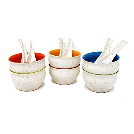 Merakrt Premium Classic Ceramic Soup Bowls Set of 6 with Spoons (150 ML, Multi-Color) Soup Set of 6 | Soup Set with Spoon | Soup Item | Bowl Set | Bowl Set for Decoration Flowers on Table