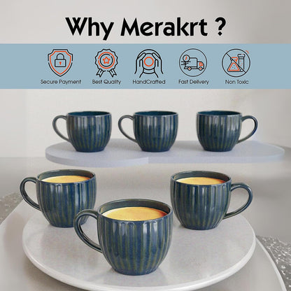 Merakt Glam Blue Handcrafted Microwave Safe Ceramic Chai/Tea Cups Small Tea Cups Set of 6 Ideal for Friends, Anniversary, Birthday (150 ml)