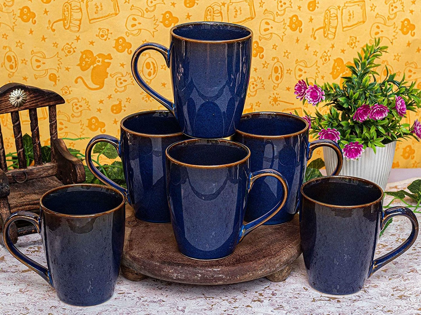 Merakrt Premium Ceramic Coffee Mugs Set of 6 350ml (Pack of 6, Blue Gl