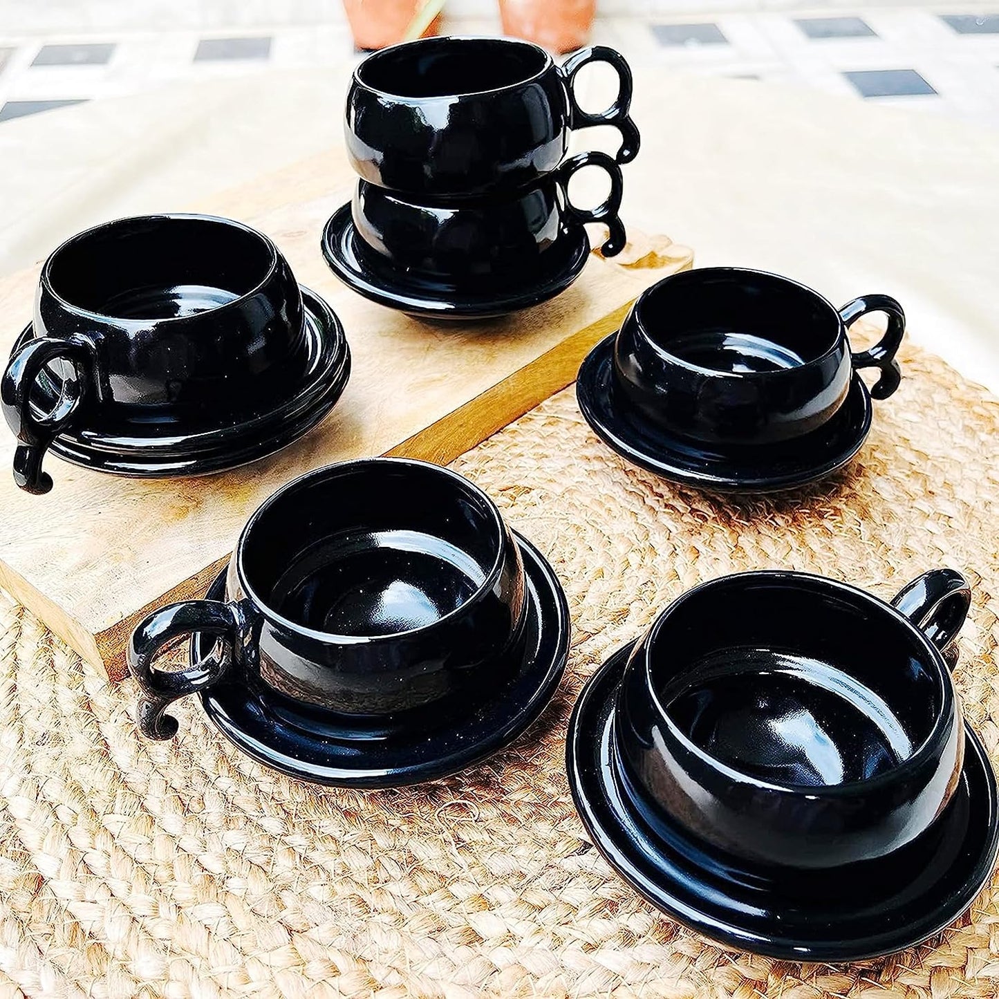 Merakrt Midnight Black Ceramic Cup and Saucer Set of 6, Tea Cup Set of 6 Cups and 6 Saucers for Tea, Coffee, Hot Drinks(12 Pieces, 150ml, Black, Microwave Safe)